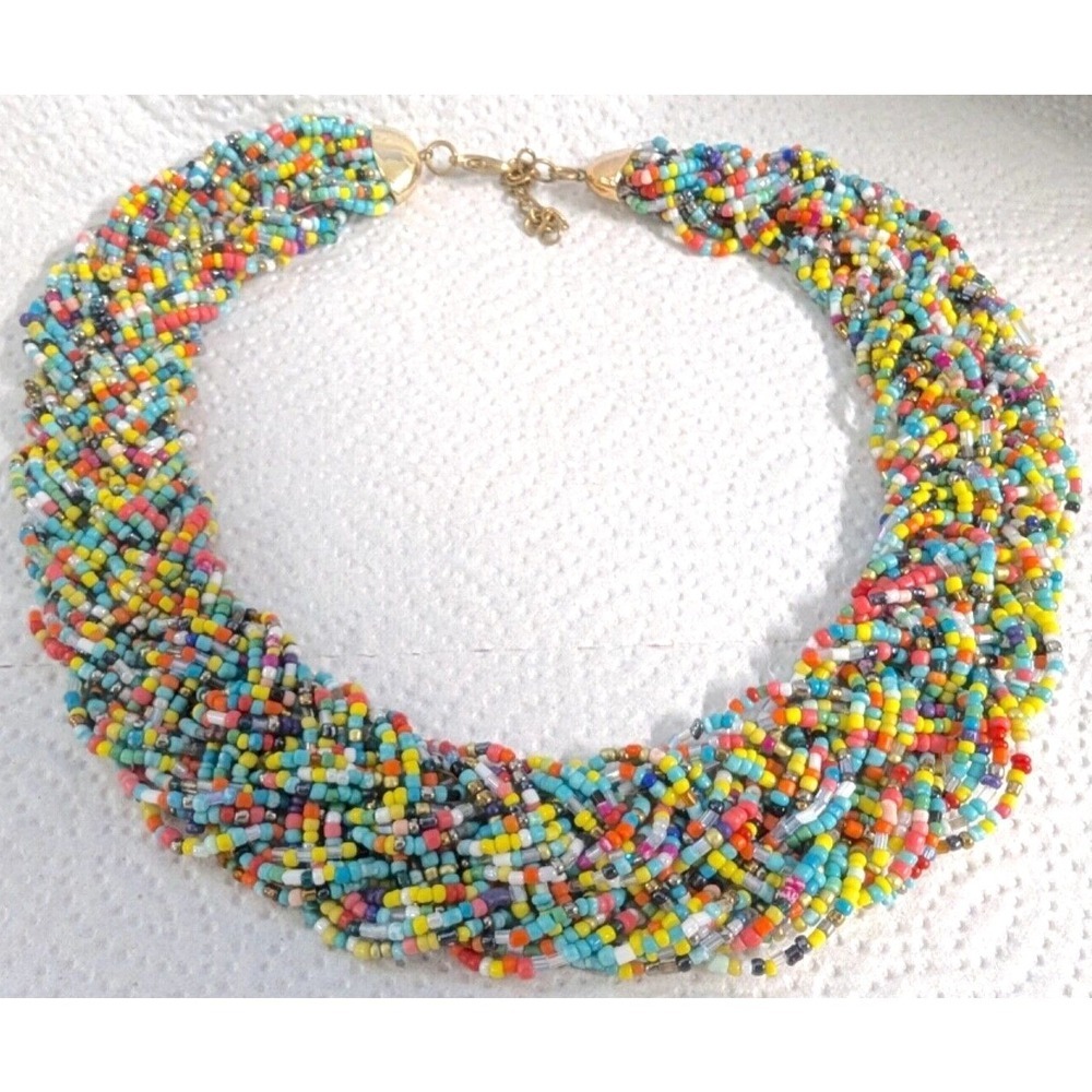 Vintage Multi Color Glass Micro Seed Bead Braided Wide Collar Statement Necklace